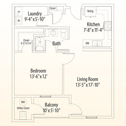 Floor plan for 1 bed, 1 bath, 724 sqft